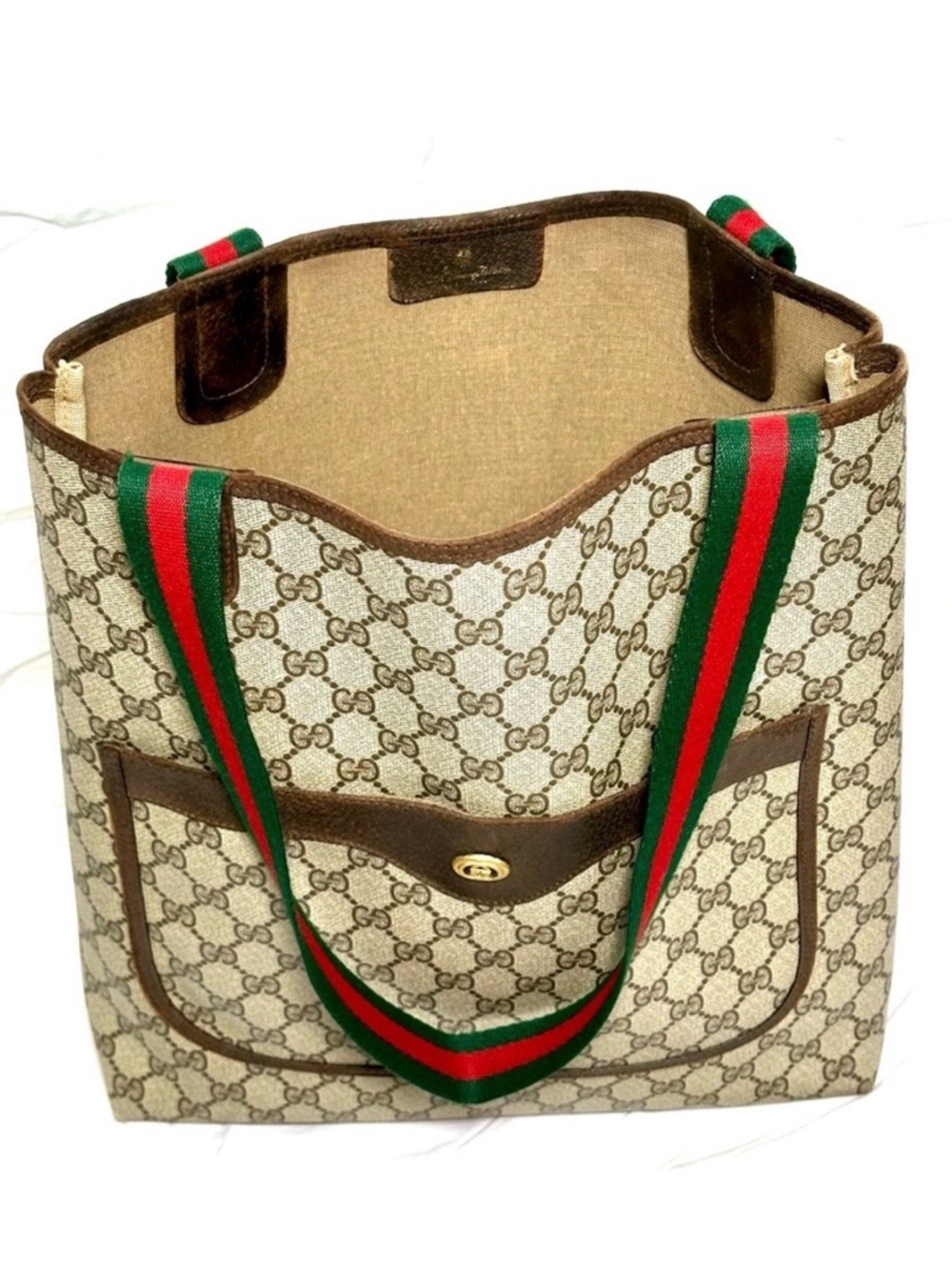 GUCCI SIGNATURE Beige Tote With Red And Green Straps Gorgeous
